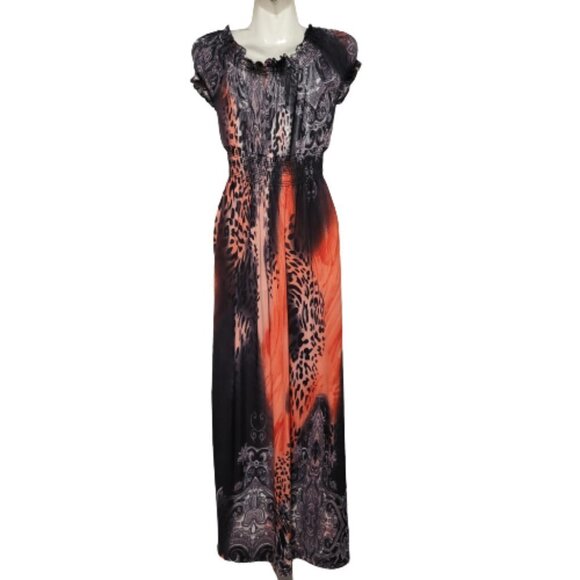 ORANGE and Black Short Sleeve Ruched Stretchy V Neck Summer Maxi Long Dress - Picture 4 of 16